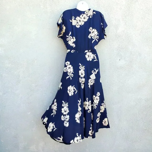 1930s Navy Floral Fan Dress Size 8 Draped Neckline Batwing Sleeve Vintage Rayon - Picture 3 of 13